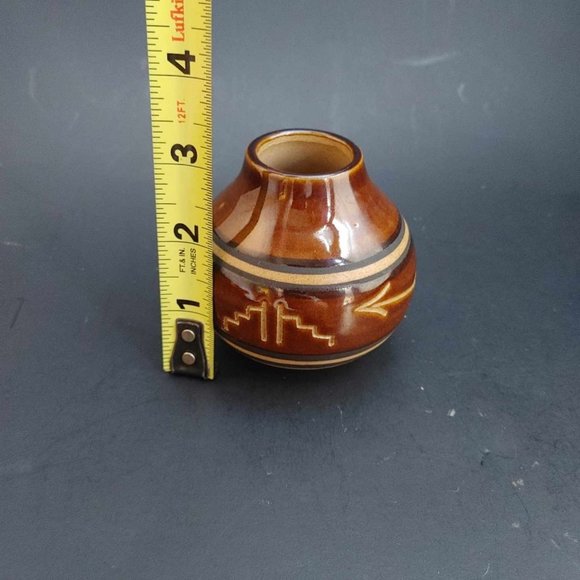 Art Pottery Vase Stoneware Vintage Glazed Brown Southwest Talisman Tribal Symbol - Picture 7 of 7